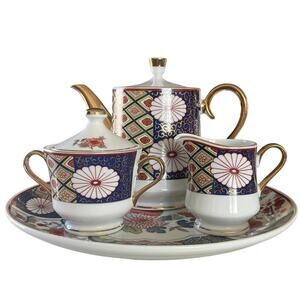 YAMASEN FINE CHINA JAPAN Gold Rim Teapot Sugar Creamer Platter Blue Red Gold
